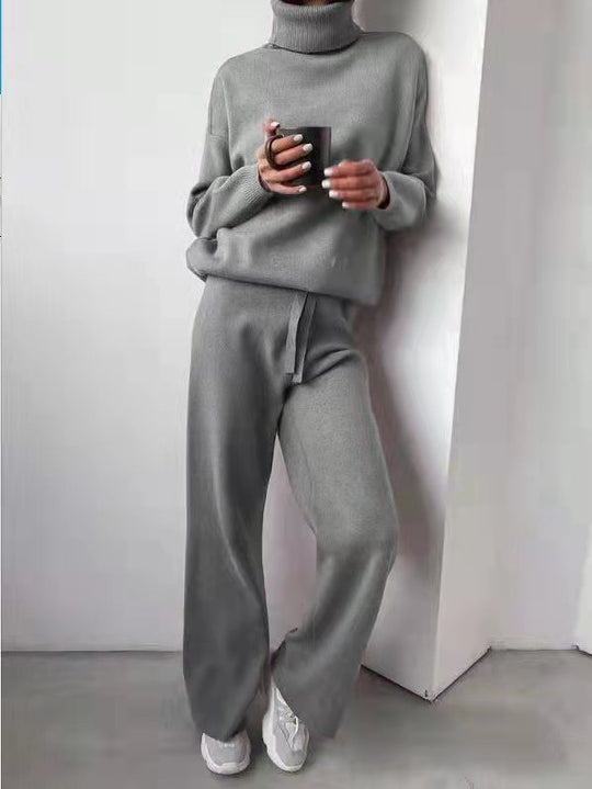 Damen kuscheliges Strick-Loungewear-Set mit weiten Hosen und elegantem Rundhalsausschnitt R&B