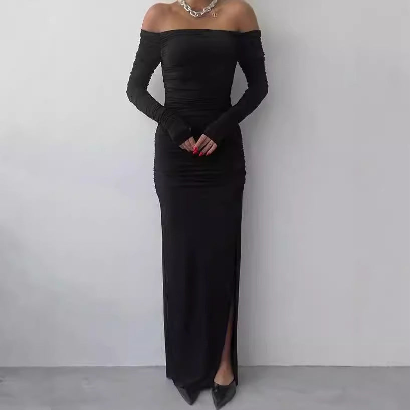 Damen Elegantes Off-Shoulder Maxikleid mit Raffung und langen Ärmeln R&B