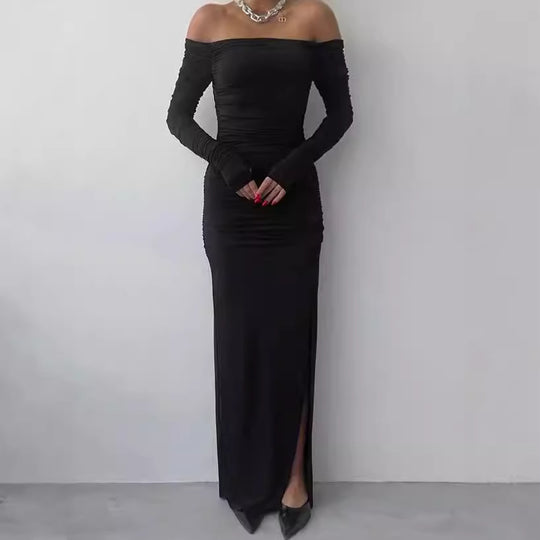 Damen Elegantes Off-Shoulder Maxikleid mit Raffung und langen Ärmeln R&B