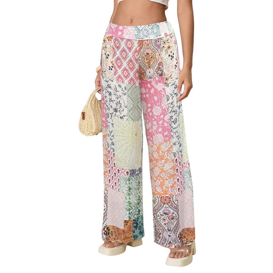 Damen Komfortable weite Stoffhose mit buntem Patchwork-Muster R&B