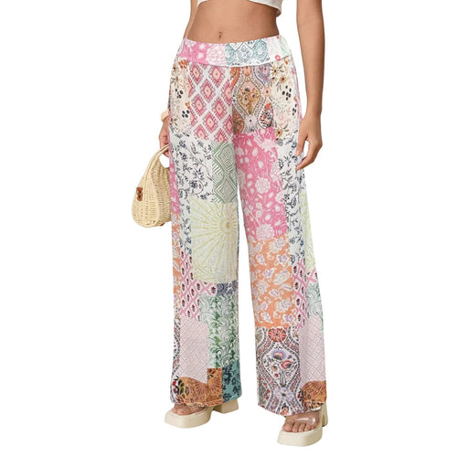 Damen Komfortable weite Stoffhose mit buntem Patchwork-Muster R&B