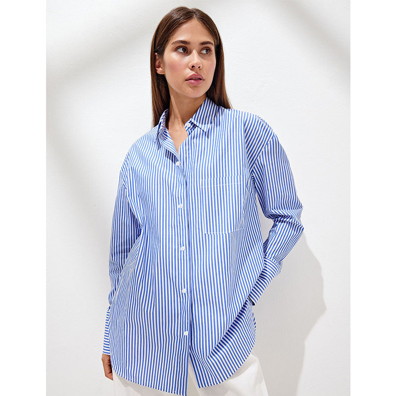 Damen Elegante, gestreifte Bluse mit klassischem Kragen und Taschen R&B