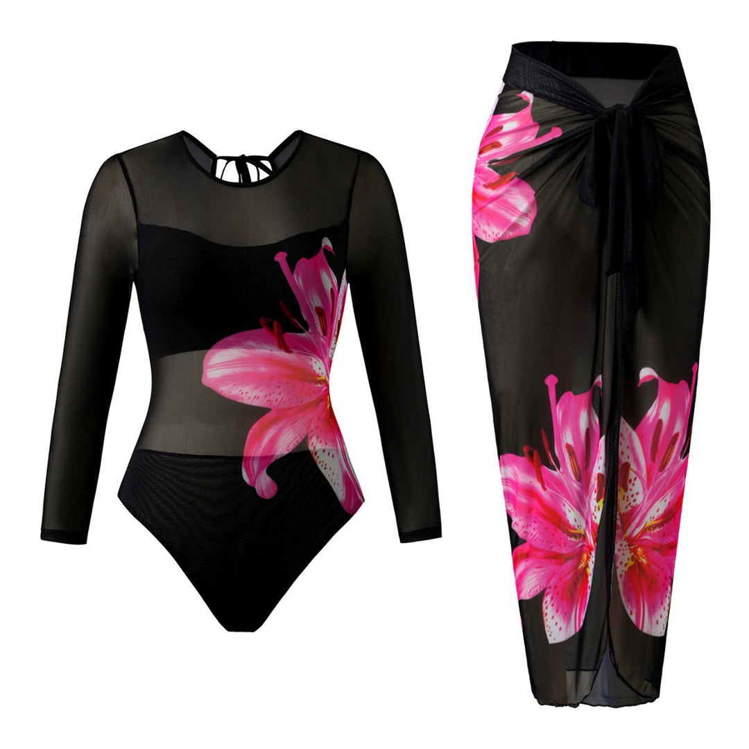 Damen Eleganter Badeanzug mit langem Arm und transparente Wickelrock R&B