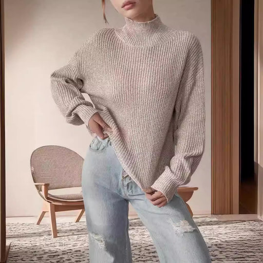 Damen Grobstrickpullover mit Rollkragen und lässigem Schnitt R&B