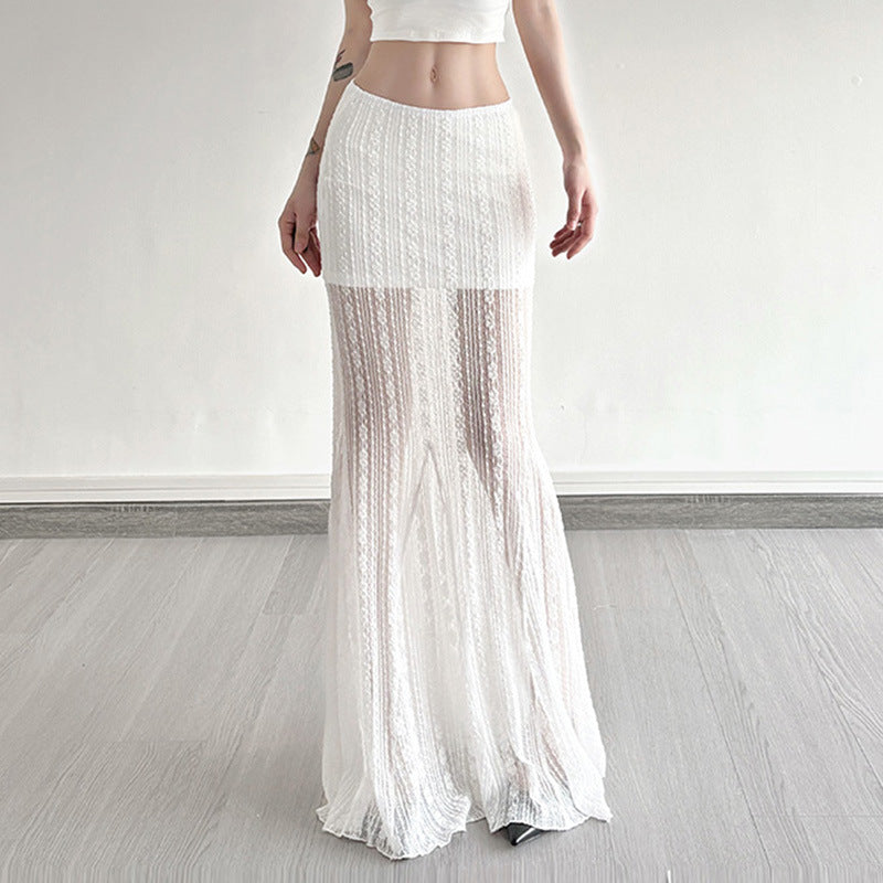 Damen Maxirock aus feiner Spitze mit elegantem Wellenmuster und asymmetrischem Saum R&B