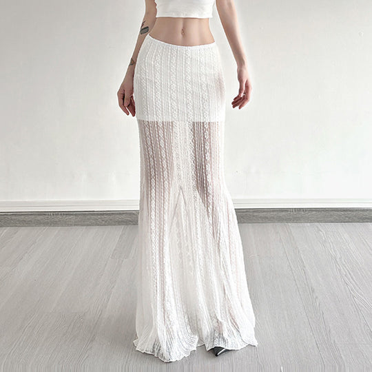 Damen Maxirock aus feiner Spitze mit elegantem Wellenmuster und asymmetrischem Saum R&B