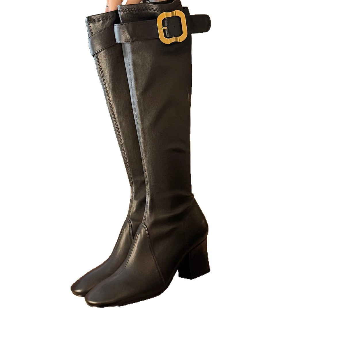 Damen elegante Overknee-Stiefel mit dekorativem Schnallenverschluss und moderner Blockabsatz