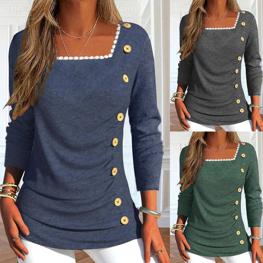 Damen Langarmshirt mit quadratischem Ausschnitt und dekorativen Knopfdetails R&B