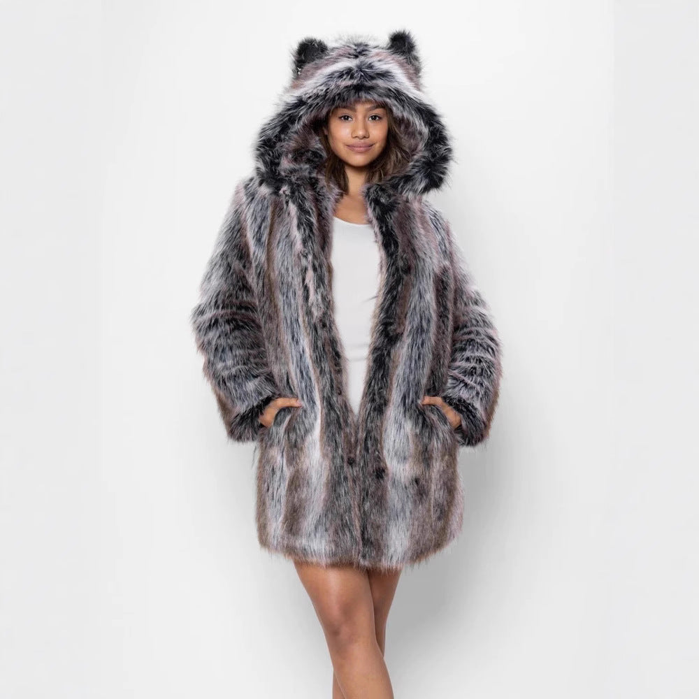 Damen Hooded Faux-Fur-Mantel mit Ohrenschützer R&B