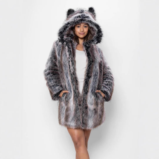 Damen Hooded Faux-Fur-Mantel mit Ohrenschützer R&B
