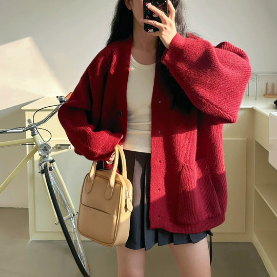 Damen Gemütliche Strickjacke mit großen Taschen und Knopfdetail R&B