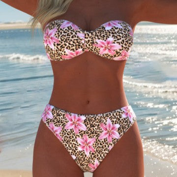 Damen Bandeau-Bikini mit floralem und animalischem Design R&B