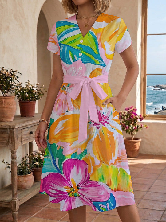 Damen Midikleid mit farbenfrohem Blumendesign und taillierbarem Bindegürtel R&B