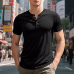 Herren Kurzarm-Henley-T-Shirt aus weicher Baumwolle mit dekorativer Knopfleiste R&B