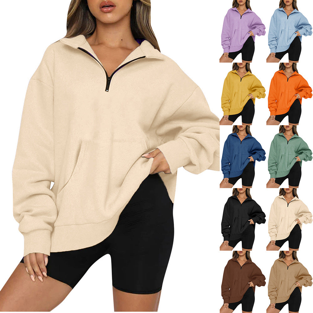 Damen Oversized Sweatshirt mit halbem Reißverschluss und Kapuze R&B
