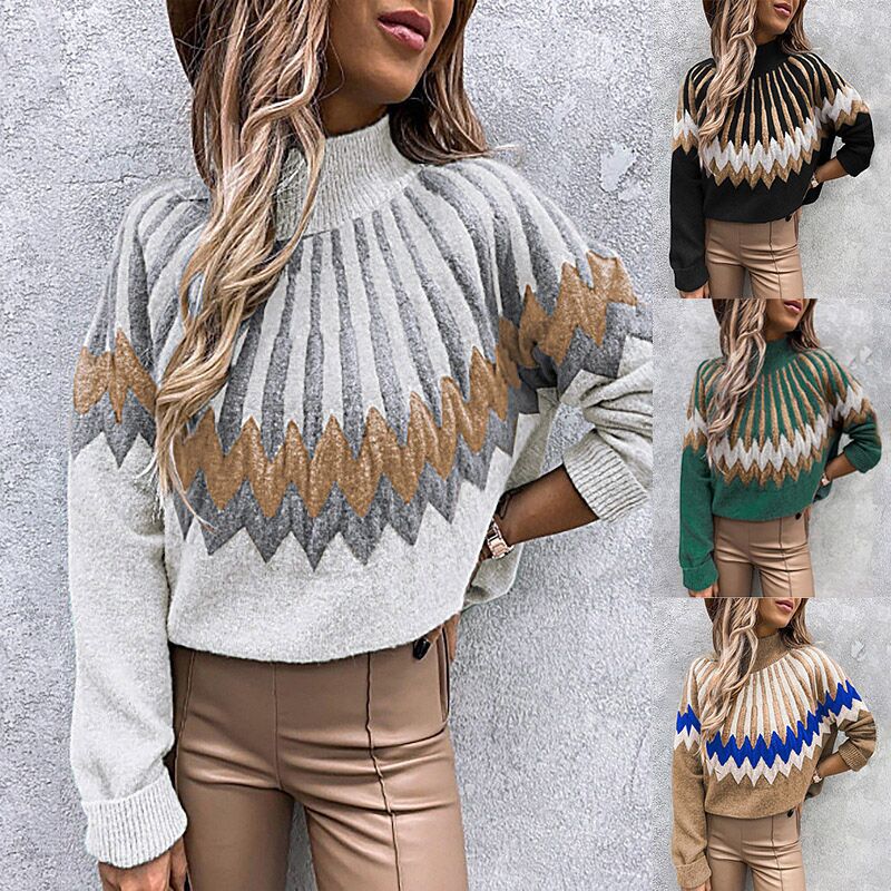Damen Modischer Grobstrickpullover mit grafikintensivem Design und hohen Kragen R&B