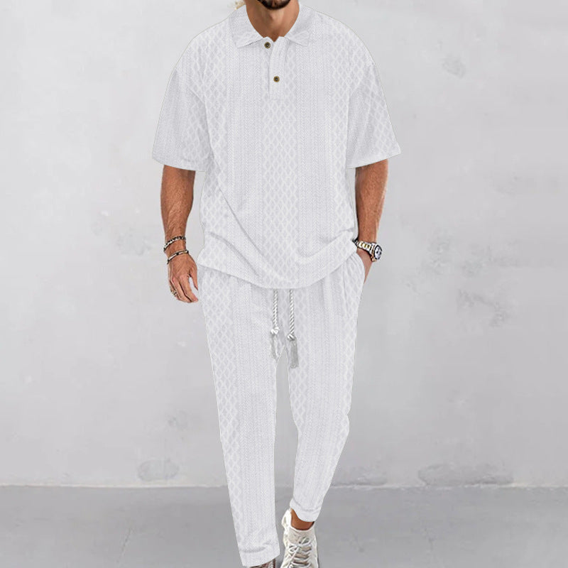 Herren nan Jacquard-Loungewear-Set mit Polokragen Kordelzugbund und konisch geschnittener Jogginghose R&B