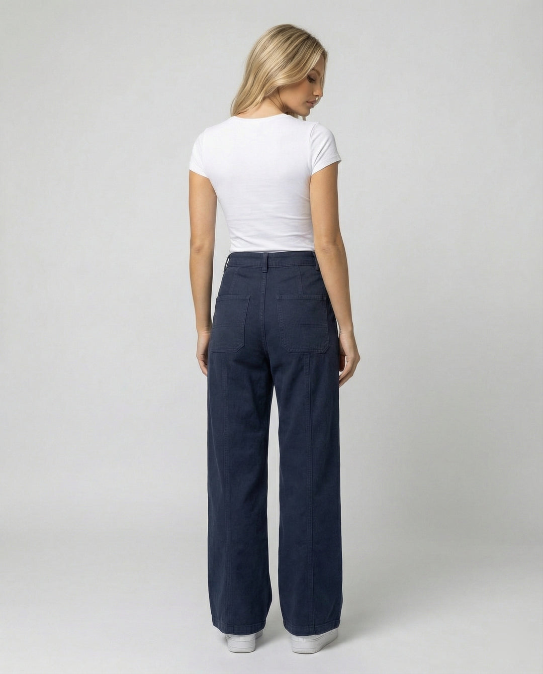 Damen hochtaillierte weite Ziernaht-Twillhose mit sichtbarer Stepplinie, Reißverschluss-Fly und tiefem Schritt R&B