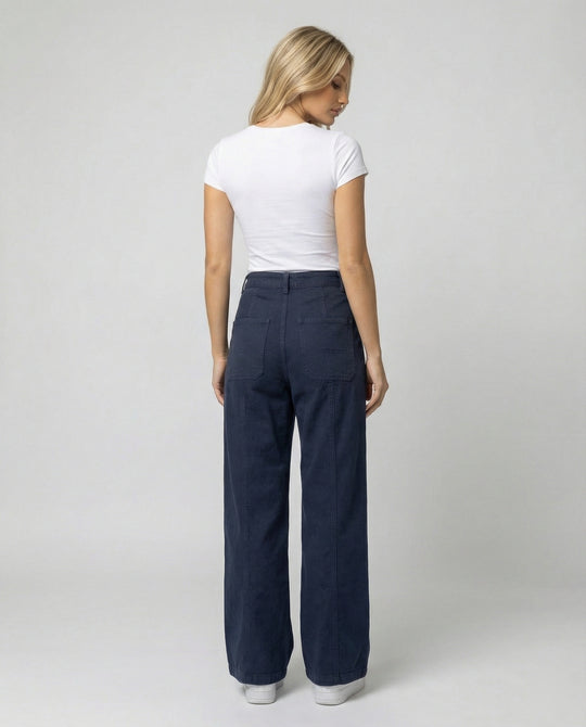 Damen hochtaillierte weite Ziernaht-Twillhose mit sichtbarer Stepplinie, Reißverschluss-Fly und tiefem Schritt R&B