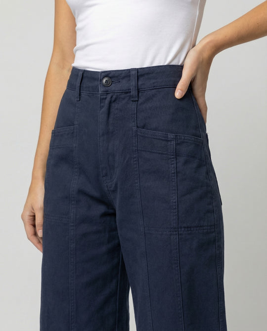 Damen hochtaillierte weite Ziernaht-Twillhose mit sichtbarer Stepplinie, Reißverschluss-Fly und tiefem Schritt R&B