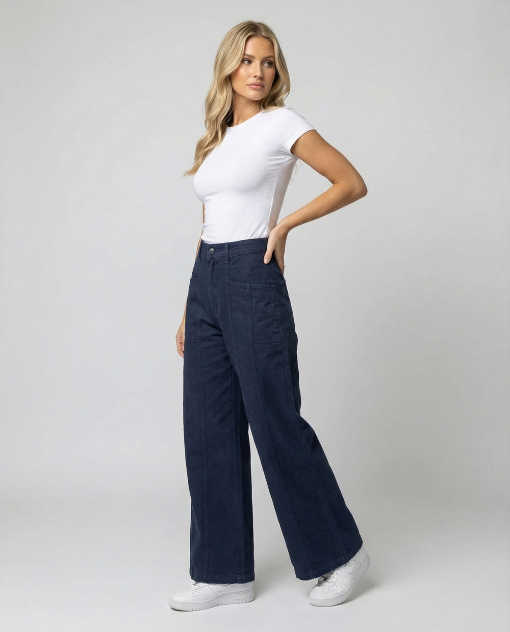 Damen hochtaillierte weite Ziernaht-Twillhose mit sichtbarer Stepplinie, Reißverschluss-Fly und tiefem Schritt R&B