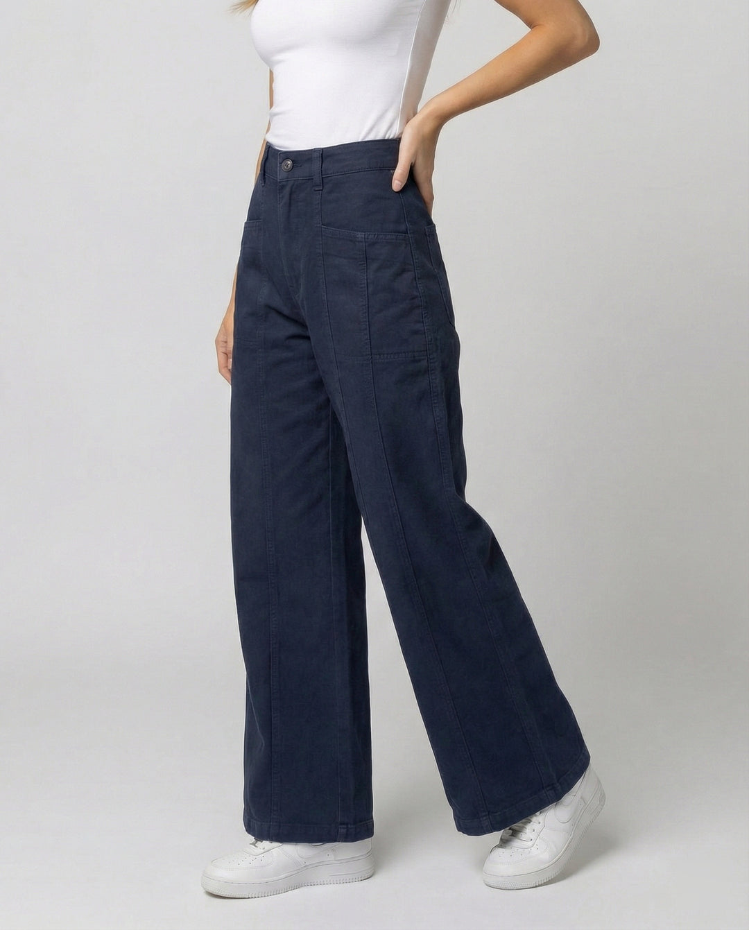 Damen hochtaillierte weite Ziernaht-Twillhose mit sichtbarer Stepplinie, Reißverschluss-Fly und tiefem Schritt R&B