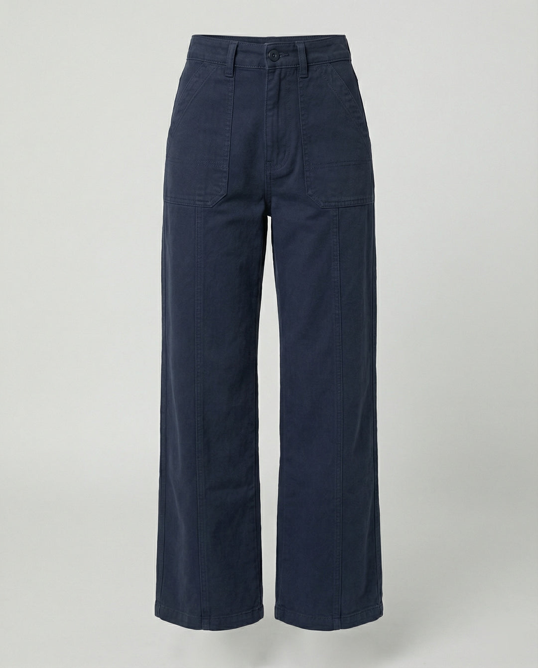 Damen hochtaillierte weite Ziernaht-Twillhose mit sichtbarer Stepplinie, Reißverschluss-Fly und tiefem Schritt R&B