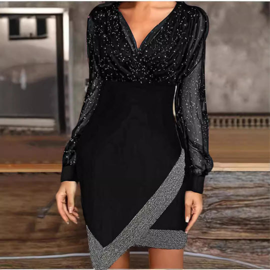 Damen Elegantes Wickelkleid mit funkelnden Details und transparenten Ärmeln R&B