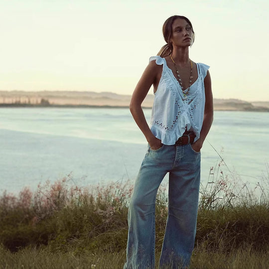Damen luftiger Leinen-Crop-Top mit Rüschen R&B