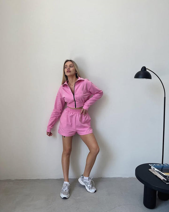 Damen Sportliches Kurzarm Set mit funktionalem Reißverschluss und elastischem Bund R&B