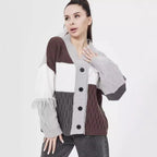 Damen Strickjacke mit modischem Blockstreifenmuster und klassischem Knopfverschluss R&B