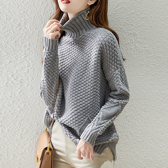 Damen Grobstrickpullover mit hohem Kragen und strukturiertem Design R&B