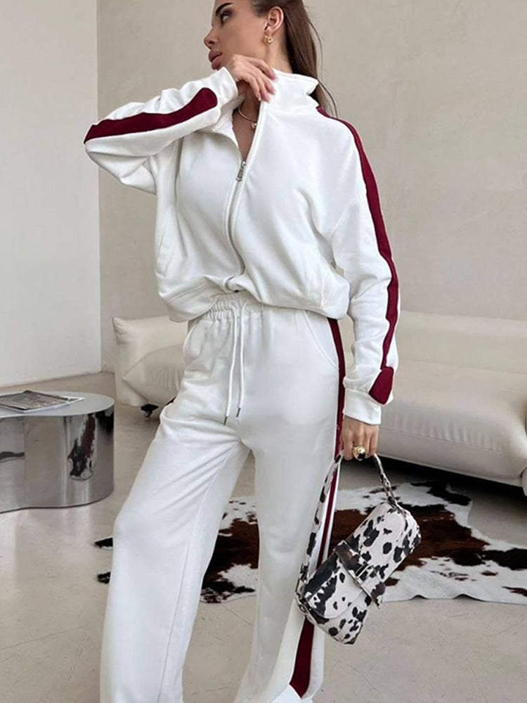 Damen sportliches Fleece-Set mit Stehkragen und seitlichen Kontraststreifen R&B