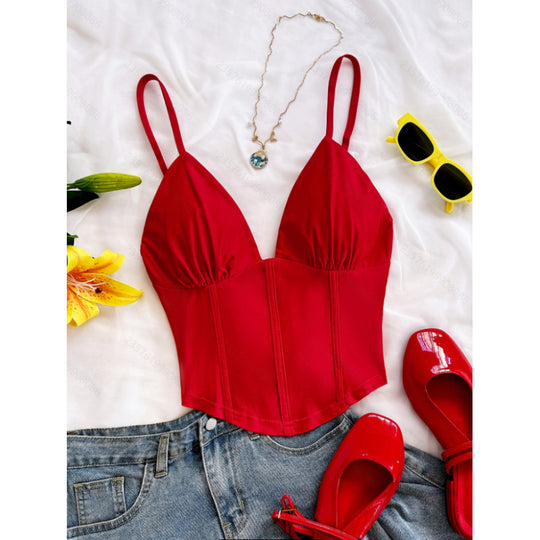 Damen Bustier-Oberteil mit tiefem V-Ausschnitt und dekorativen Raffungselementen R&B