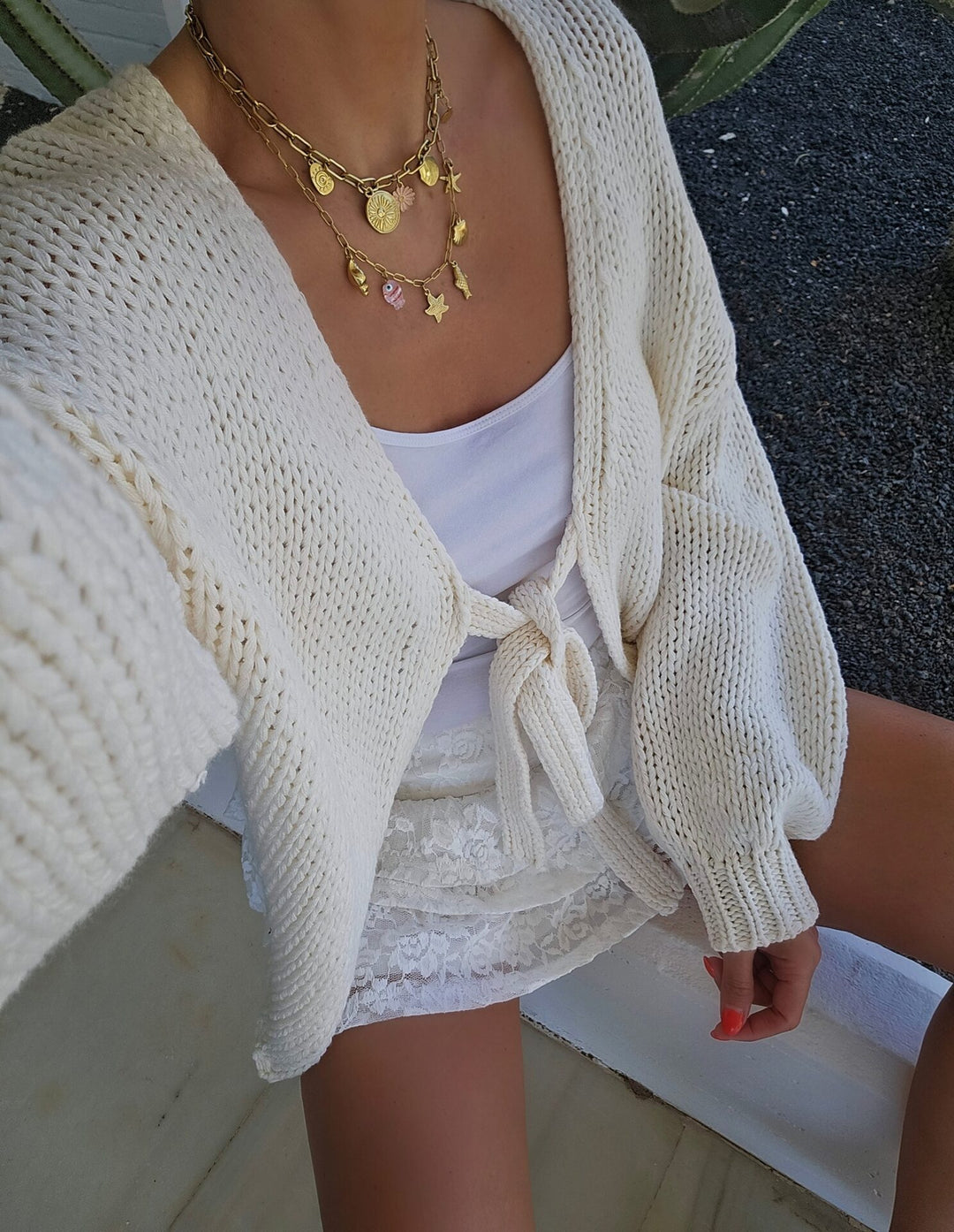 Damen lässige Strickjacke mit Bindeverschluss und weiten Ärmeln R&B