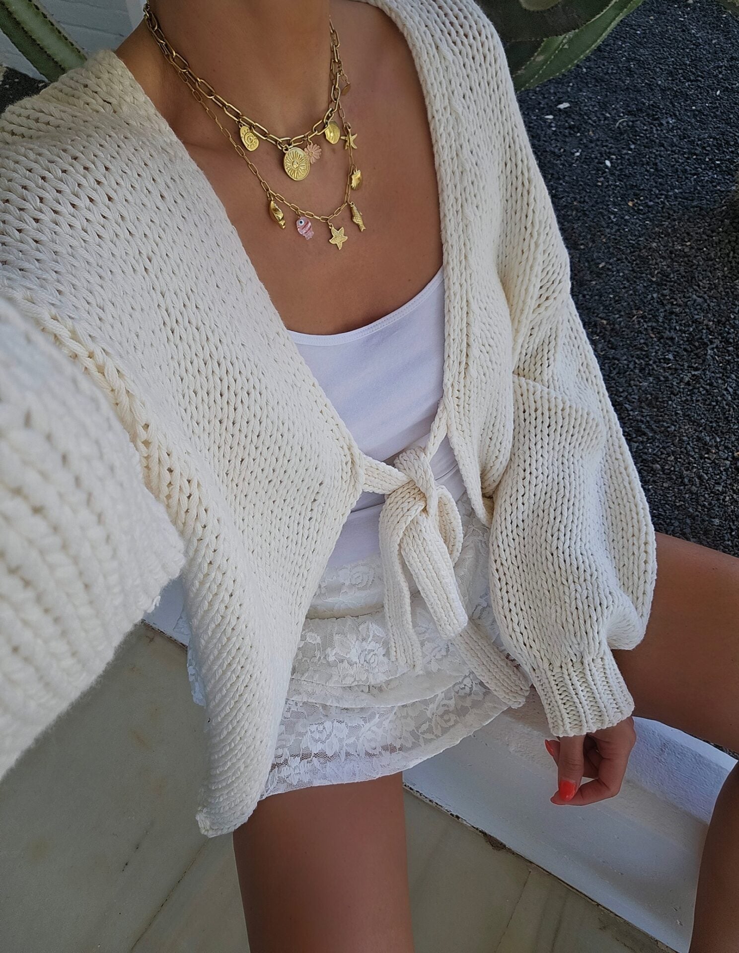 Damen lässige Strickjacke mit Bindeverschluss und weiten Ärmeln R&B