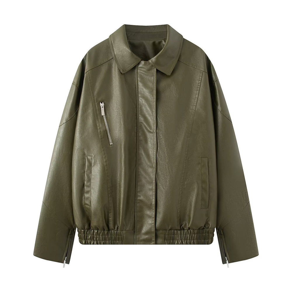 Damen elegante Kunstlederjacke mit praktischen Reißverschluss-Taschen R&B