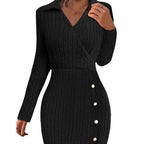 Damen Strickkleid mit V-Ausschnitt und Knopfdetails R&B