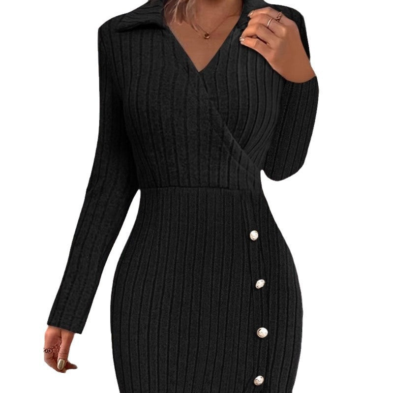 Damen Strickkleid mit V-Ausschnitt und Knopfdetails R&B