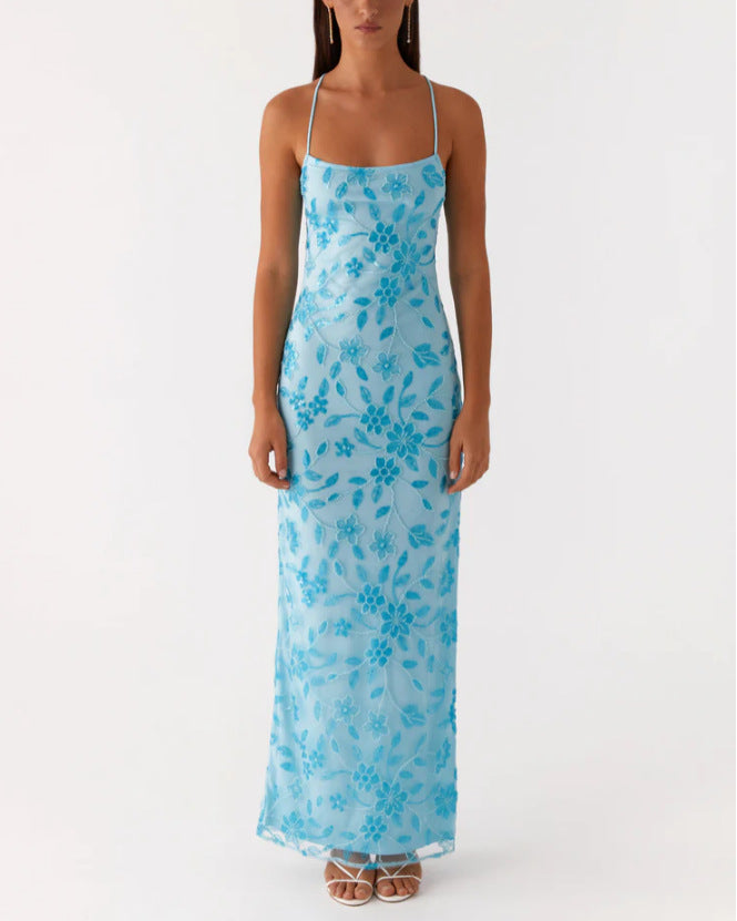 Damen Couture Maxikleid mit floralem Smock-Design und verführerischem Rücken R&B