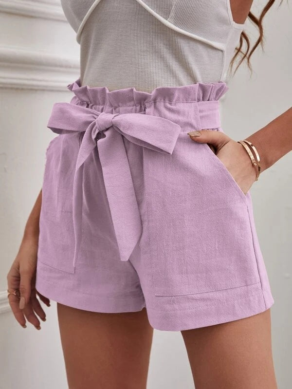 Damen elegante Leinen-Shorts mit Bindegürtel und breitem Bund R&B