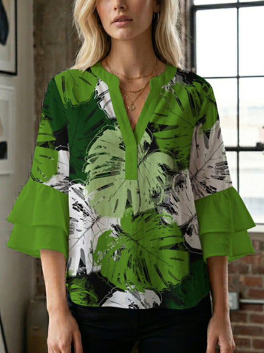 Damen Bluse mit voluminösen Flügelärmel und intensivem Blattmuster R&B