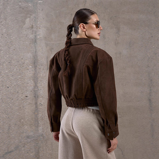 Damen Modische Wildlederjacke im cropped Stil mit praktischen Taschen R&B