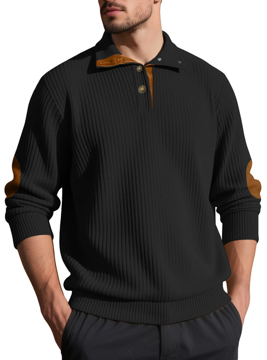 Herren nan Rippstrick-Halbknopf-Pullover mit Kentkragen und Lederbesatz R&B