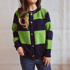Damen lässige Strickjacke mit modischem Blockstreifenmuster und hochwertigen Knöpfen R&B