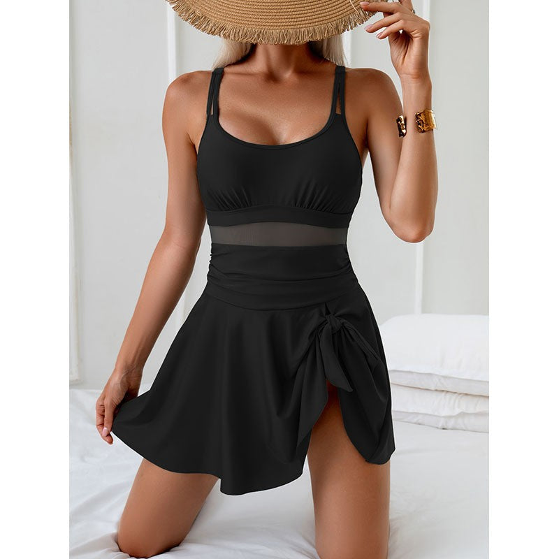 Damen eleganter einteiliger Badeanzug mit durchsichtigen Einsätzen und seitlichem Rock R&B