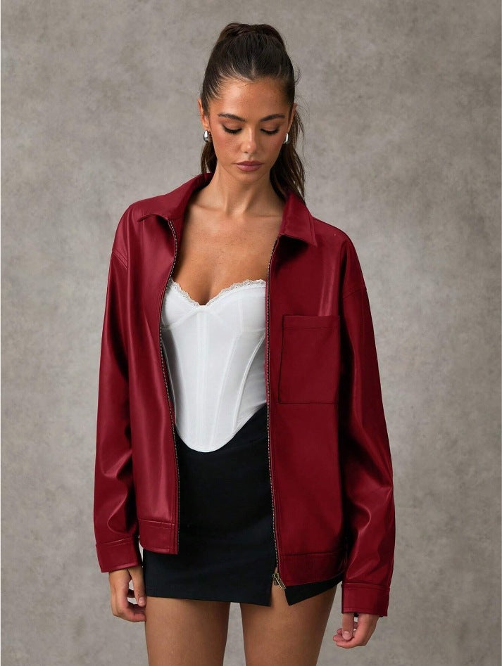 Damen Kunstlederjacke mit oversized Schnitt und praktischer Brusttasche R&B