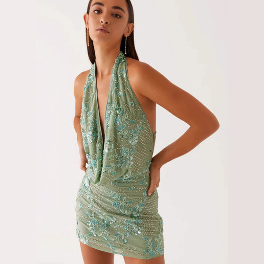 Damen Glamouröses Etuikleid mit tiefem V-Ausschnitt und besticktem Design R&B