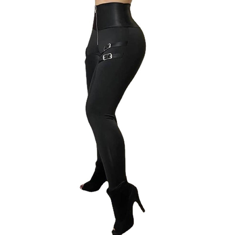Damen Figurbetonte Kunstleder-Leggings mit Schnallen-Details R&B