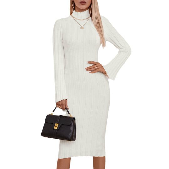 Damen elegantes Strickkleid mit hohem Kragen und Rippenstruktur R&B